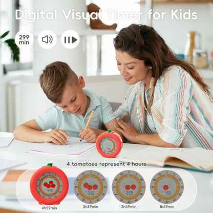 Tomato Visual Timer for Kids, 299 Minute Cute Pomodoro Countdown Timer, Kitchen Cooking Helper Timer with Pause Function, Clock and Alarm, Digital Timer for Classroom, Office and Meetings