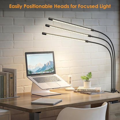 ShineTech LED Desk Lamp with Clamp, 3-Head Ultra-Wide Lighting, 4 Color Modes, Adjustable Gooseneck Task Lamp, Eye-Safe Dimming, Memory & Auto-Off Timer, Desk Light for Home Office, Study, Reading