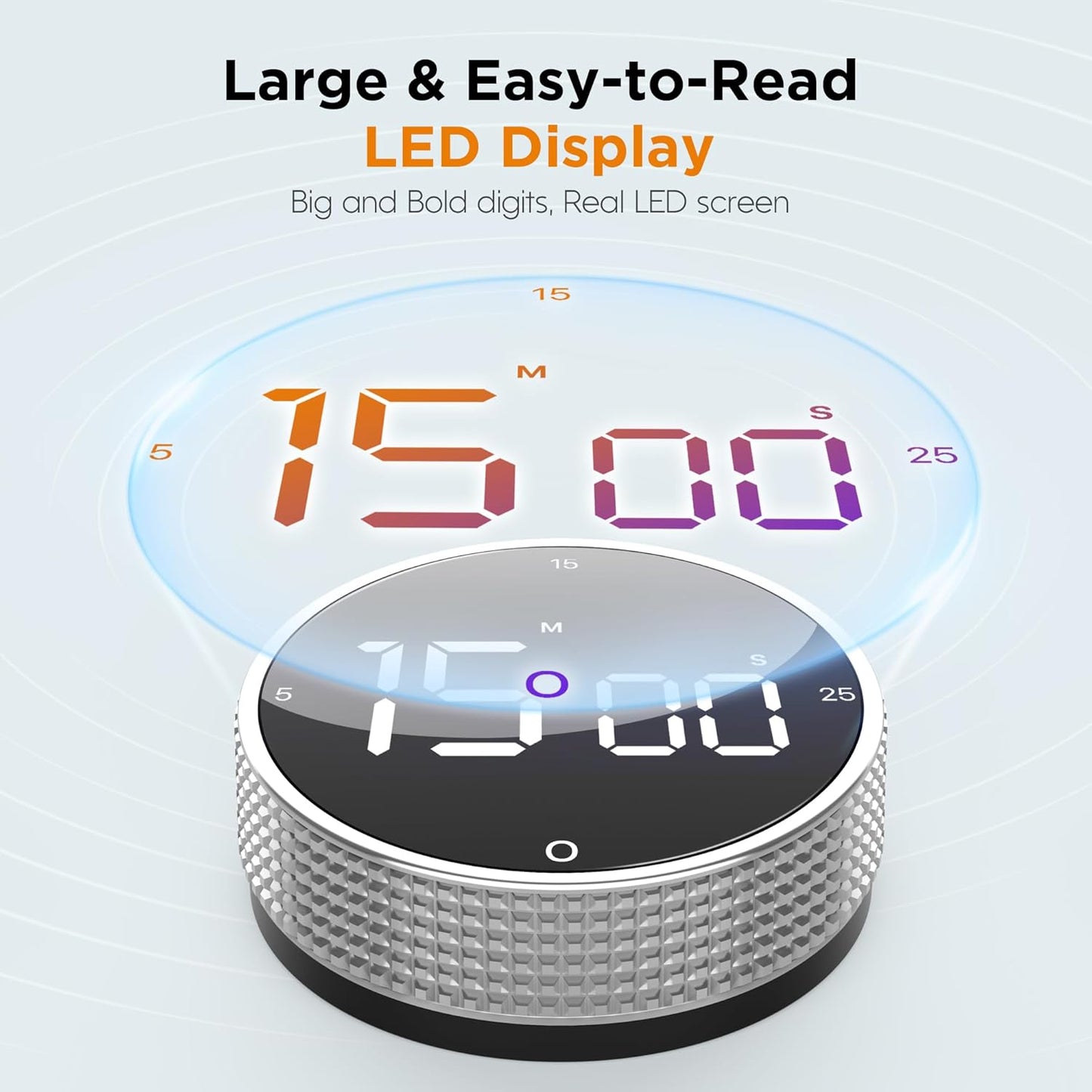 Upgrade Digital Kitchen Timer - Magnetic Countdown Countup Visual Pomodoro Timer with Large LED Display, 3-Preset Times (5, 15, 25), 3 Volume Levels, Ideal for Cooking, Baking and Fitness (1, Tarnish)