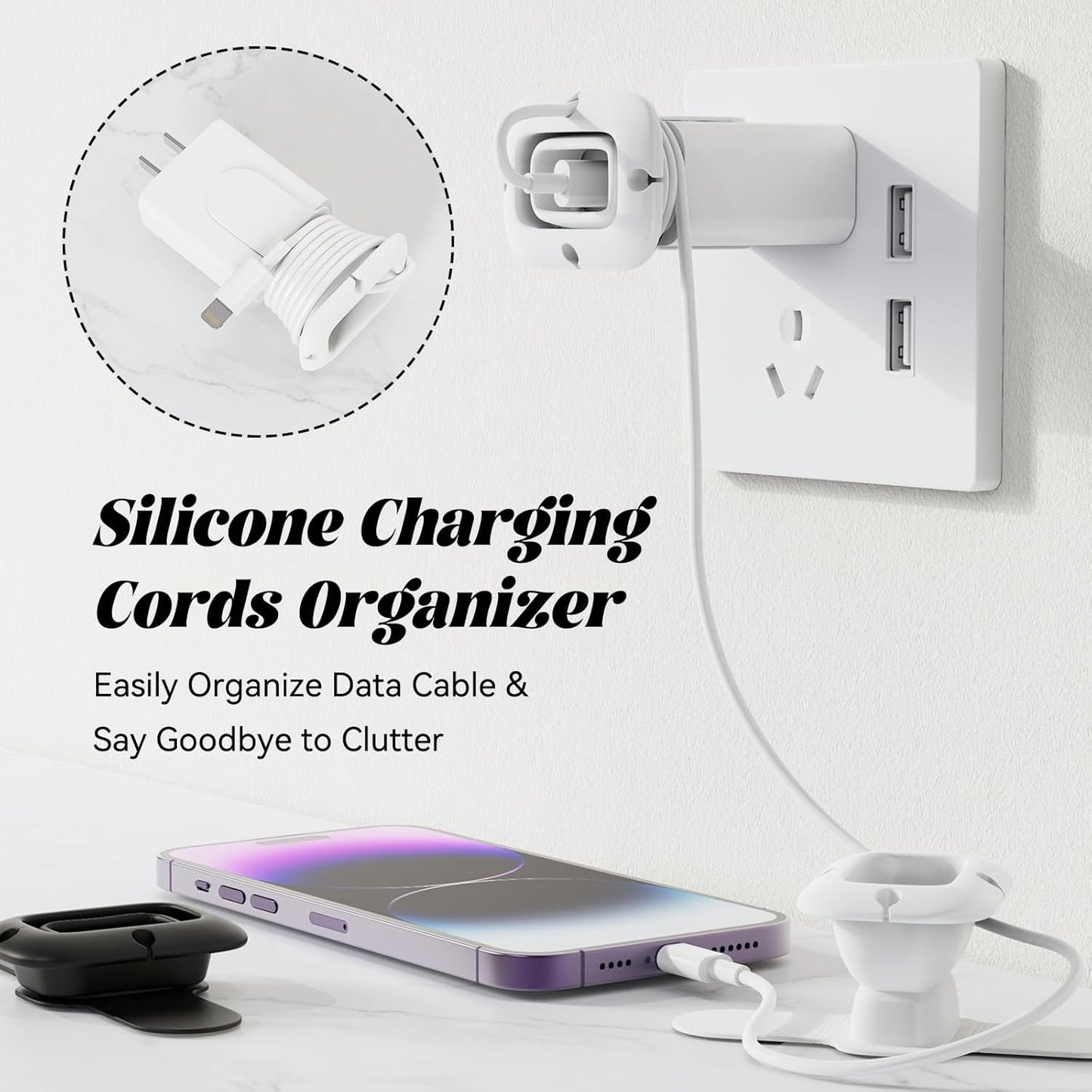 Silicone Collapsible Cord Wrap Foldable Charger Organizer Compatible with MacBook and PC Charger and Adapter, Wired Manager Holder Wrap Winder Cable Management Travel Essentials (Black&White)