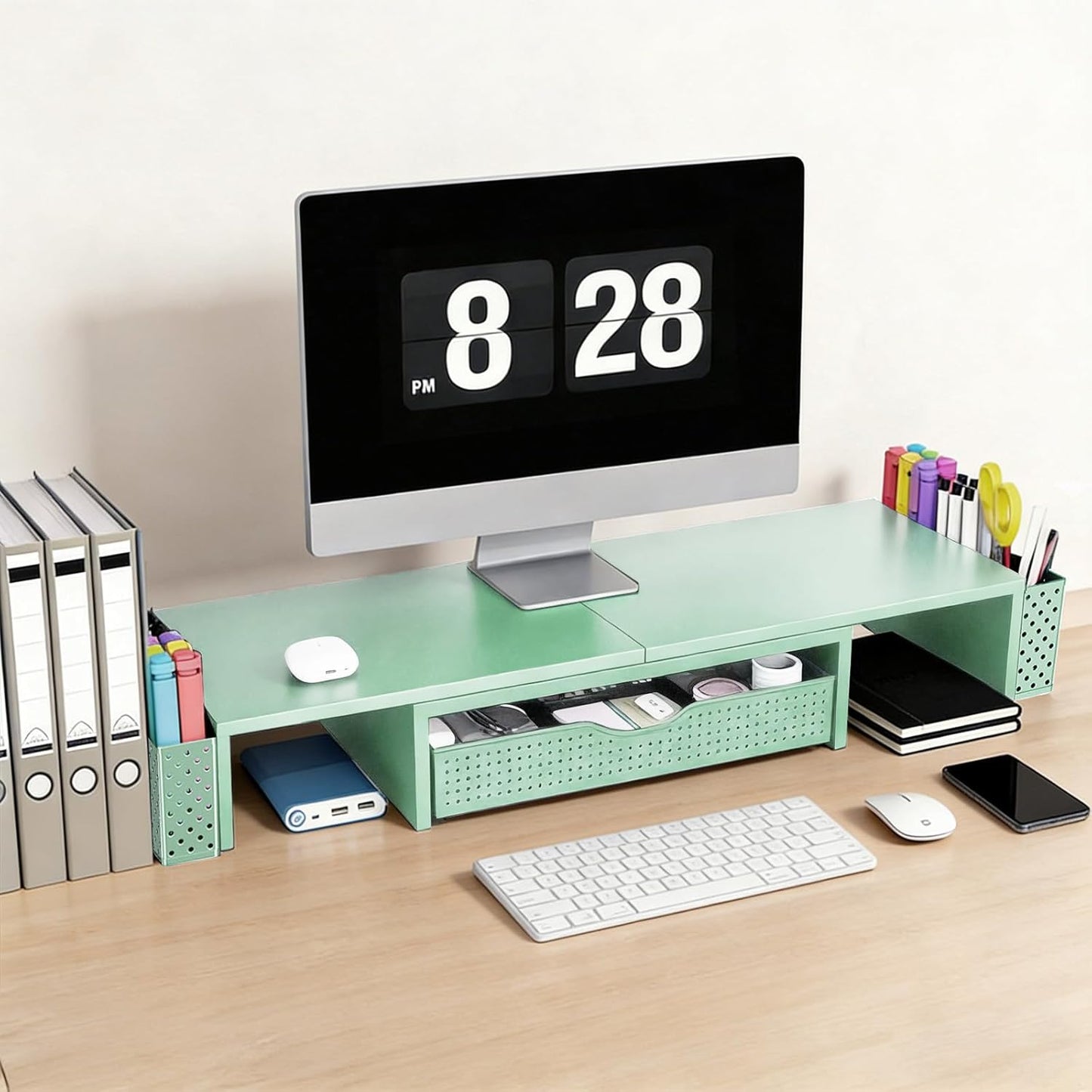 Spacrea Metal Desk Organizers and Accessories, Dual Monitor Stand Riser with Drawer and 2 Pen Holders, Desk Accessories & Workspace Desktop Organizers for Office Supplies (Wood)