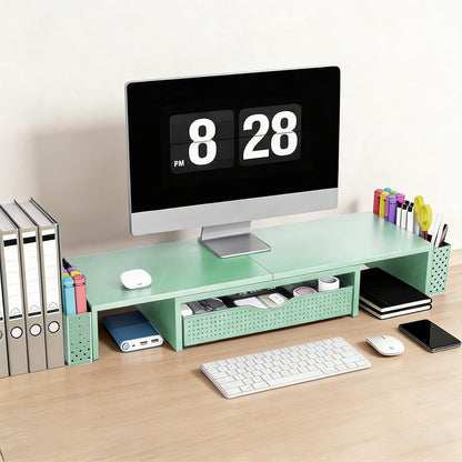 Spacrea Metal Desk Organizers and Accessories, Dual Monitor Stand Riser with Drawer and 2 Pen Holders, Desk Accessories & Workspace Desktop Organizers for Office Supplies (Wood)