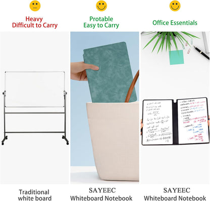 SAYEEC Whiteboard Notebook, Portable Dry Erase Board with 3 Colors Fineliner Pens, Black PU Cover Erasable Handheld White Board Reusable Drawing Notebook Easel Pad for Meeting Business Office School