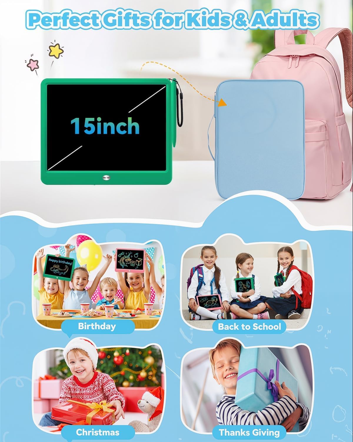 KOKODI 12 Inch LCD Writing Tablet with Anti-Lost Stylus, Erasable Doodle Board Colorful Toddler Drawing Pad, Car Travel School Games Toys for 3 4 5 6 7 8 Kids, Birthday Gift for Girls Boys Adults Blue