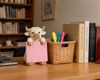 Highland Cow Pop-up Sticky Note Dispenser, Includes 1 Pad of 3x3 in Super Sticky Notes, 100 Sheets, Resin Cute Handmade Desk Holder for Office & Home-Beige
