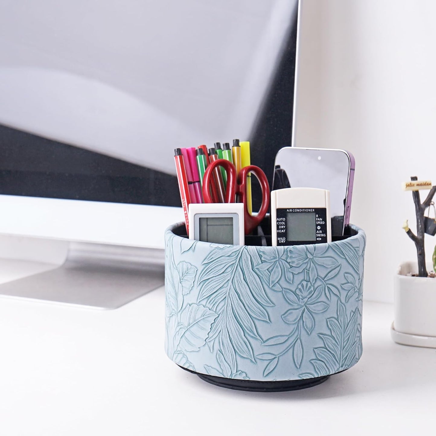 Round Leather Art Supply Organizer,Remote Control Holder,360 Degree Rotating,Multi-Functional Pencil Holder,4 Compartments Desktop Stationary Organizer(1-Fractal Flower) | Round - Colors B