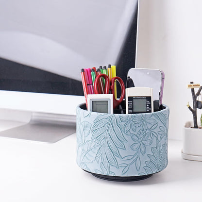 Round Leather Art Supply Organizer,Remote Control Holder,360 Degree Rotating,Multi-Functional Pencil Holder,4 Compartments Desktop Stationary Organizer(1-Fractal Flower) | Round - Colors B