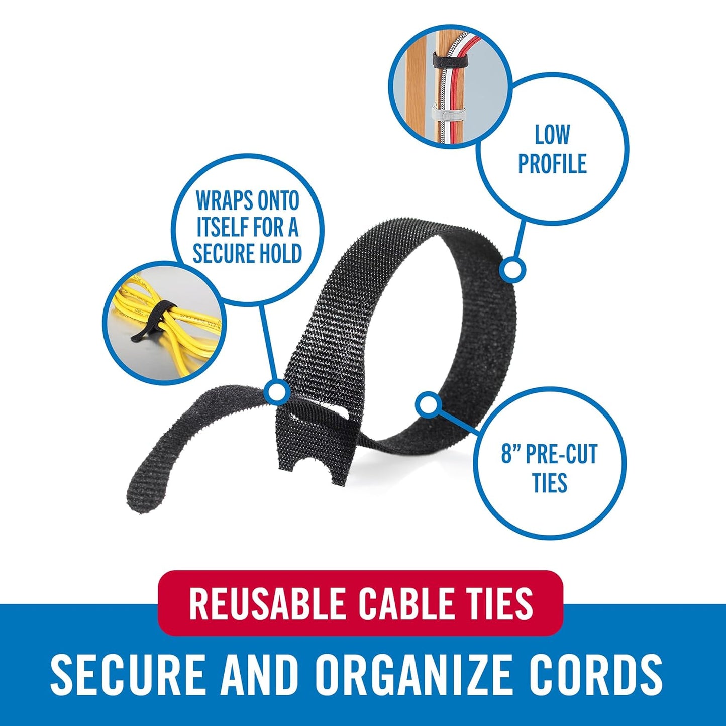 VELCRO Brand Reusable Cable Ties, Practical Tech Gifts for Men, 100 Pack 6 Inch Cable Management Ties for Electronics and Desk Organization, Black