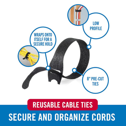 VELCRO Brand Reusable Cable Ties, Practical Tech Gifts for Men, 100 Pack 6 Inch Cable Management Ties for Electronics and Desk Organization, Black