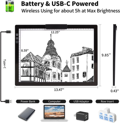 A4 Wireless LED Light Pad with Carry Bag, Innovative Stand and Top Clip, TOHETO Rechargeable Light Box Stepless Dimmable and 6 Levels Brightness Cordless Light Board for Tracing Weeding Vinyl (Black)