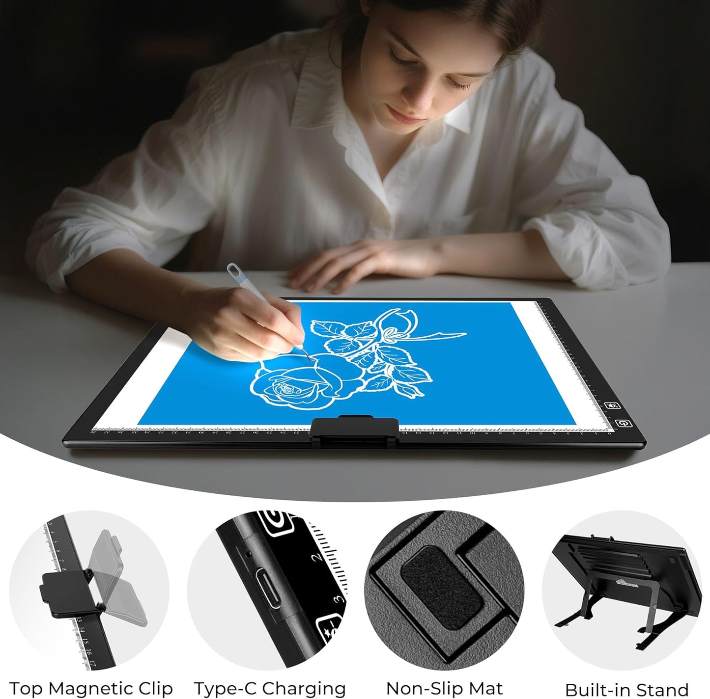 Bylitodt Rechargeable A3 Light Pad, Diamond Art Light Board, 16.7x13.5 inch Lightbox for Tracing and Drawing with 3 Colors & 6 Brightness, Tracing Pad for Weeding Vinyl, Diamond Painting Accessories