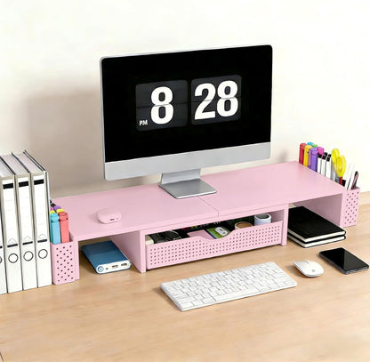 Spacrea Metal Desk Organizers and Accessories, Dual Monitor Stand Riser with Drawer and 2 Pen Holders, Desk Accessories & Workspace Desktop Organizers for Office Supplies (Wood)