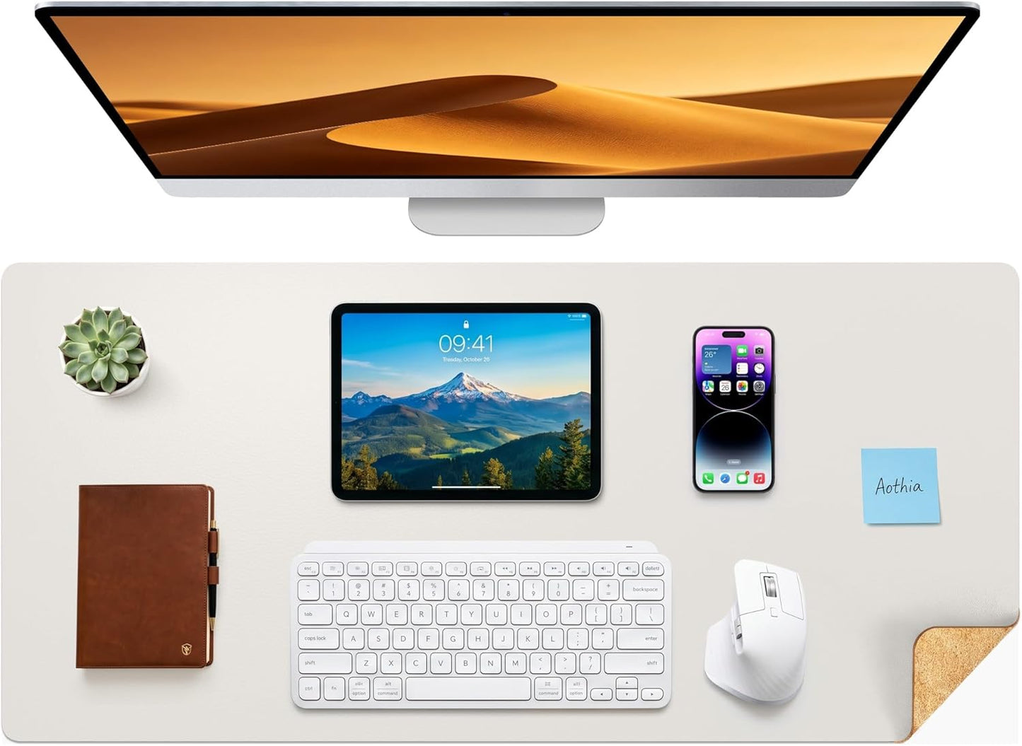 Aothia Dual-Sided Desk Pad - 25.6x13.7 inches Leather Desk Mat, Natural Cork Desk Pad Protector, Large Mouse Pad for Desk, Waterproof Desk Blotter Pad, Desk Writing Pad for Office Work/Home, Black