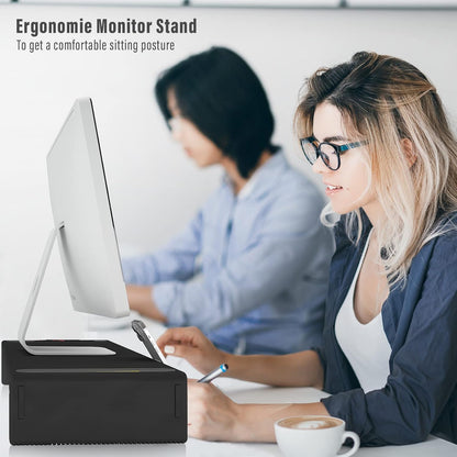OImaster Adjustable Monitor Stand Riser with Drawer - Foldable Computer Stand for Desk, Desktop Organizer with Phone Holder & Pen Slot, Space Saving Laptop Riser for Home Office, Black