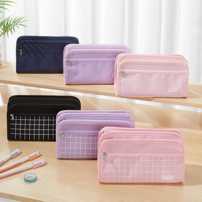 Sooez Large Pencil Case, Big Capacity Pencil Pouch Pen Bag with 3 Compartment, Portable Canvas Stationery Organizer with Zipper, Cute Aesthetic School Supplies for Teen Girls College, Pink with Plaid
