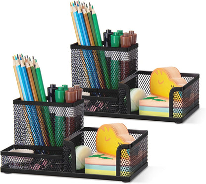 Comix 360° Rotating Pen Holder for Desk, 5 Compartments Office Desk Organizer, Black Mesh Metal Pencil Holder Cup for Office Home School