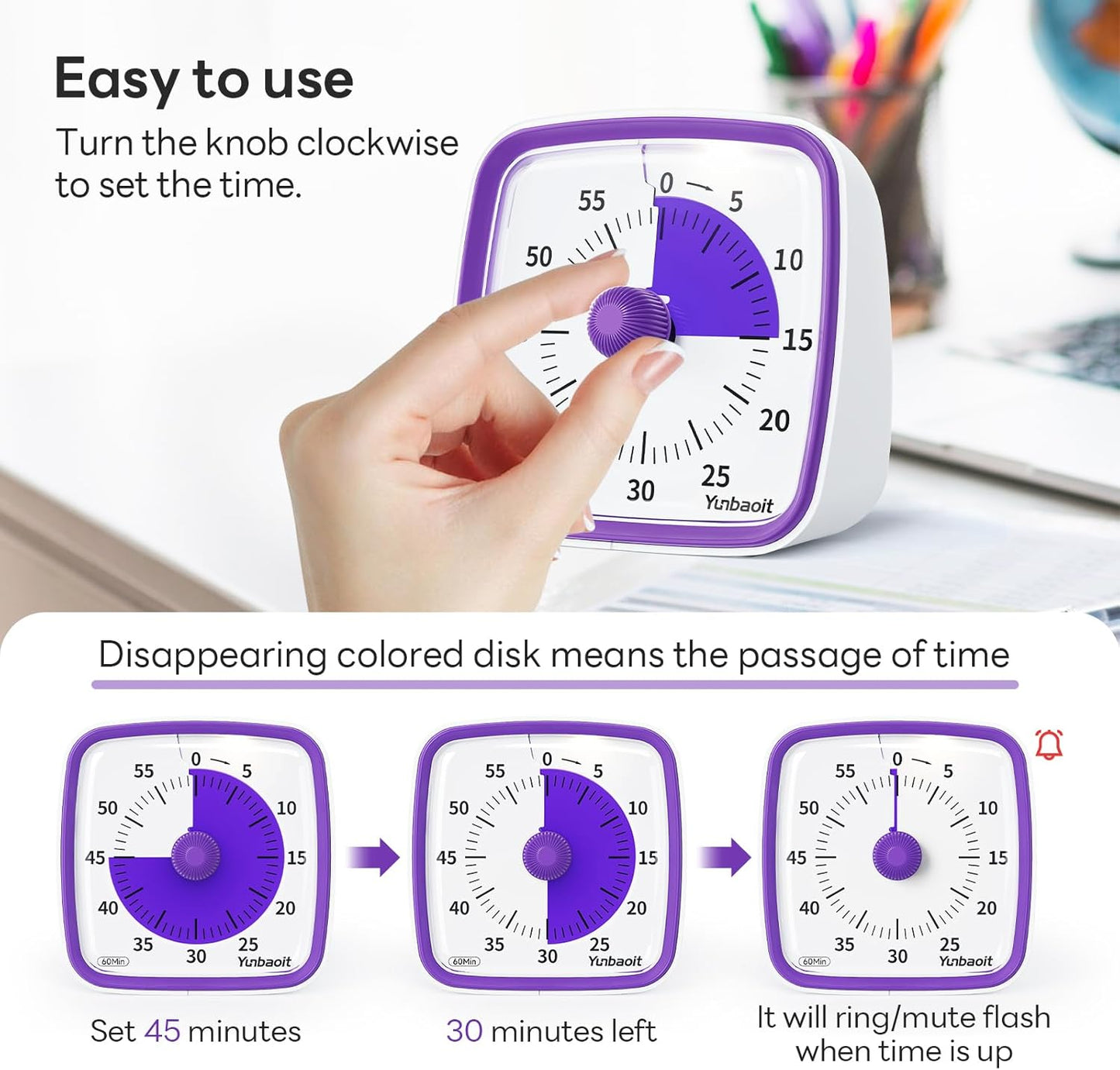 Yunbaoit Visual Timer with Night Light, 60-Minute Countdown Timer for Kids and Adults, Silent Classroom Timer, Time Management Tool for Home, School, or Work (Light Blue)