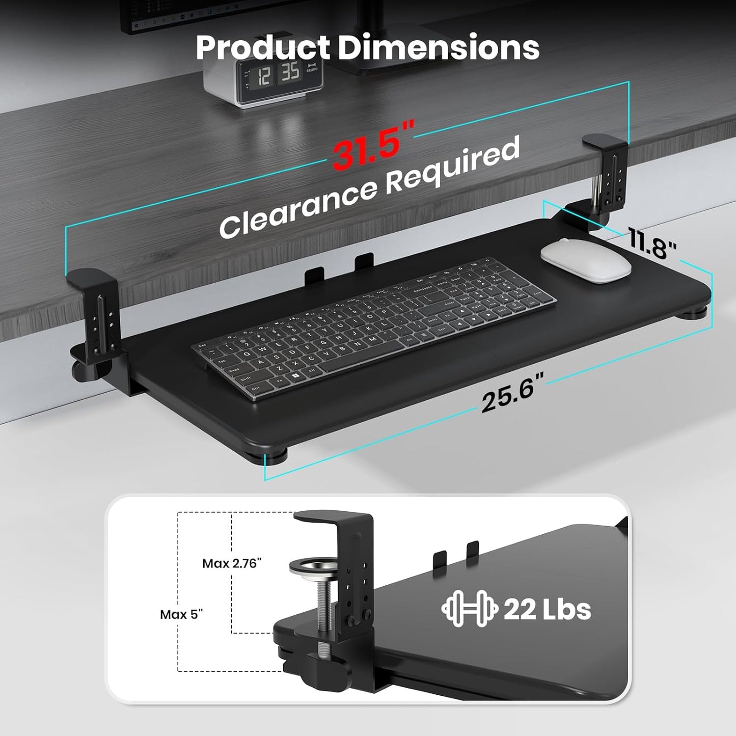 Keyboard Tray Under Desk, Pull Out Keyboard & Mouse Tray with Adjustable C-clamp, 25.6(31.5 Including Clamps) x 11.8 Inch Slide Out Computer Keyboard Drawer Mouse Tray for Typing,White
