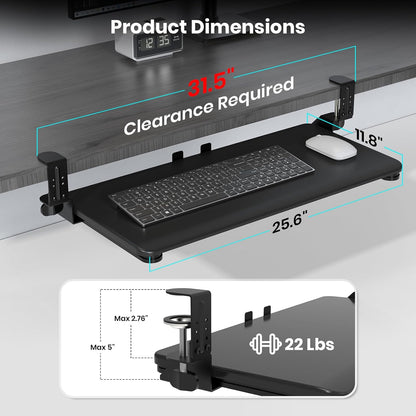 Keyboard Tray Under Desk, Pull Out Keyboard & Mouse Tray with Adjustable C-clamp, 25.6(31.5 Including Clamps) x 11.8 Inch Slide Out Computer Keyboard Drawer Mouse Tray for Typing,White