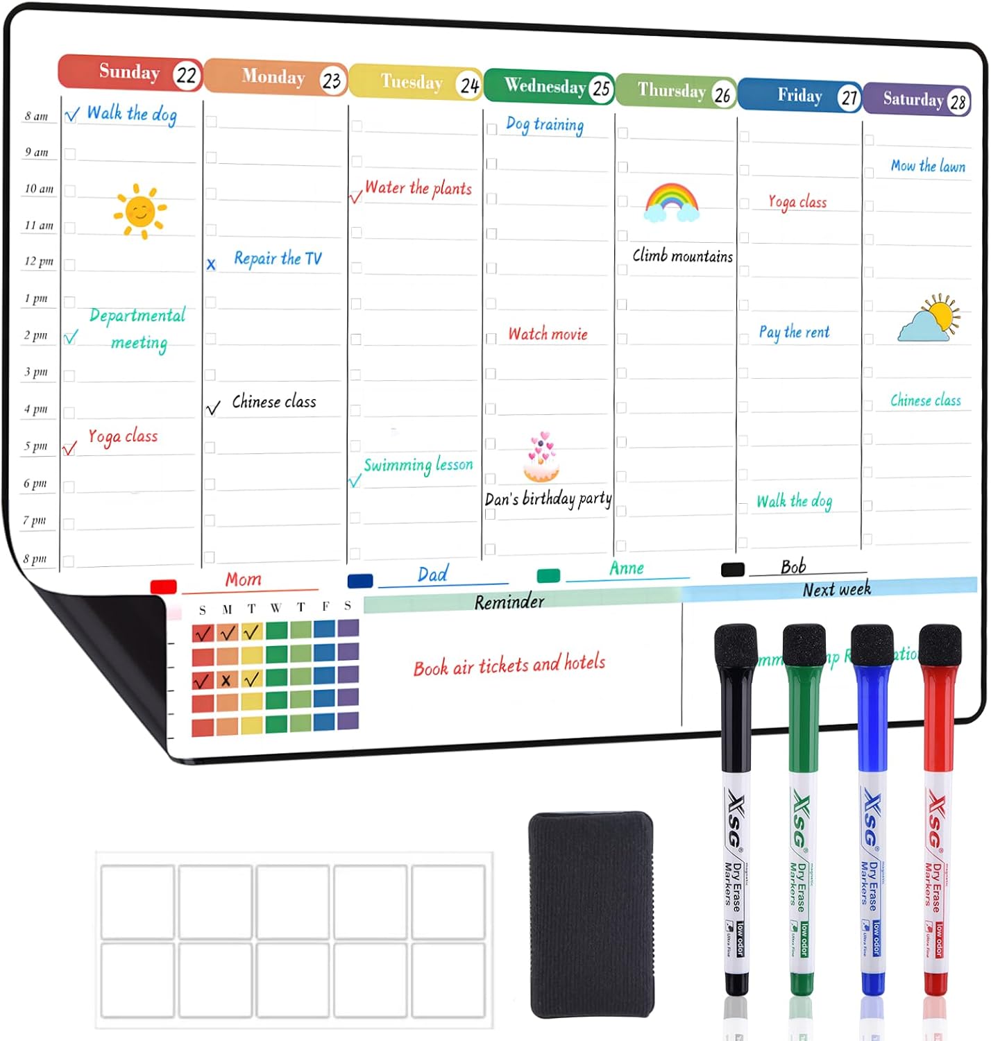 POPRUN Magnetic Fridge Calendar, 16.9"x11" Weekly Schedule Whiteboard, Dry Erase Board for Family Planning & Organization, Ideal for Home, School, Office