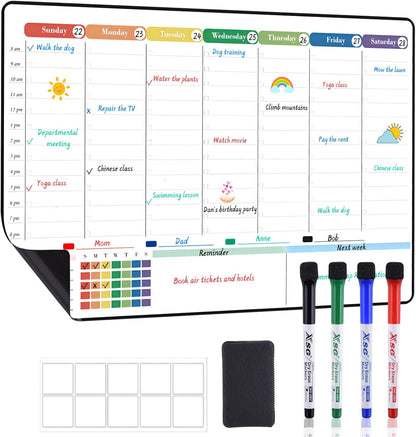 POPRUN Magnetic Fridge Calendar, 16.9"x11" Weekly Schedule Whiteboard, Dry Erase Board for Family Planning & Organization, Ideal for Home, School, Office