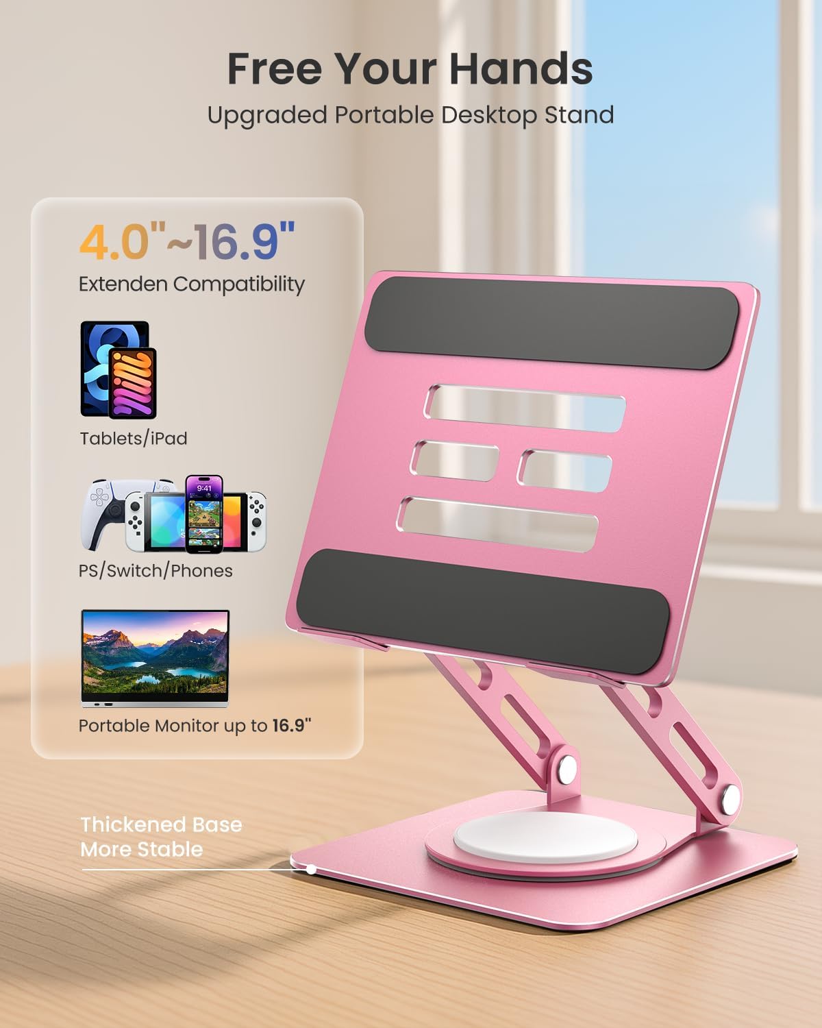 LOXP Adjustable Tablet Stand, 360 Rotating iPad Stand with Heavy-Duty Base, Tablet Holder Compatible with 4.7-16.9" Device, iPad Pro Air Mini, Kindle, Surface Tablet, Portable Monitors - Black