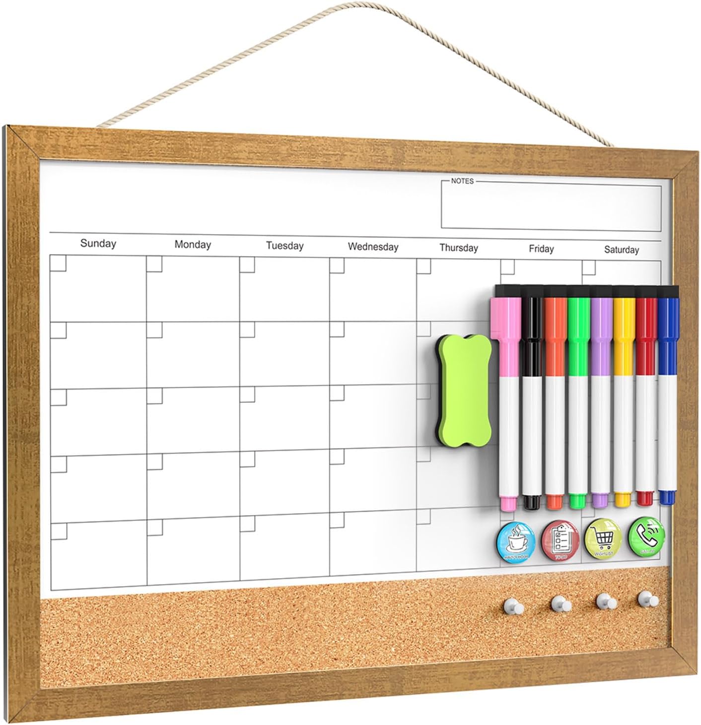 Calendar Whiteboard for Wall, TANKEE 17x13 Inches Whiteboard Calendar Cork Board Combo, Small Magnetic White Board with Wood Framed, Hanging Dry Erase Board for Kitchen Home Office School Planner