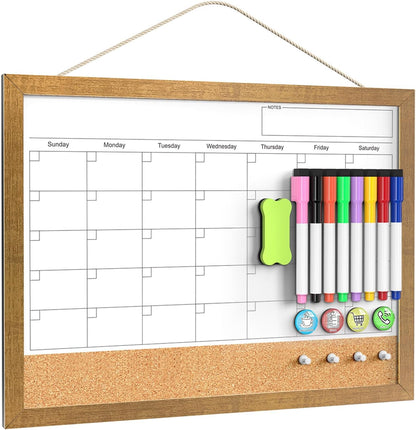 Calendar Whiteboard for Wall, TANKEE 17x13 Inches Whiteboard Calendar Cork Board Combo, Small Magnetic White Board with Wood Framed, Hanging Dry Erase Board for Kitchen Home Office School Planner