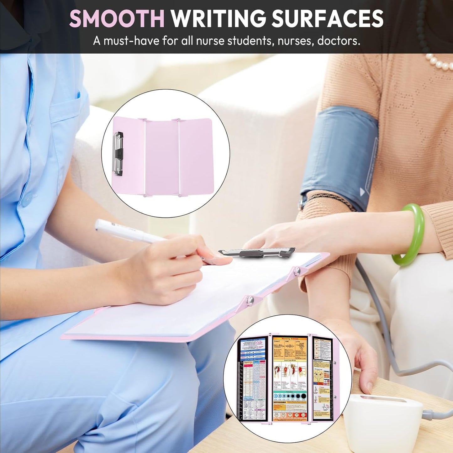 Nursing Clipboard Foldable, Foldable Clipboard w/Nursing Edition Cheat Charts,3 Layers Aluminum, Nurse Clip Board w/Low Profile Clip&Pen Clip Pocket for Nurses and Doctors,Light Blue