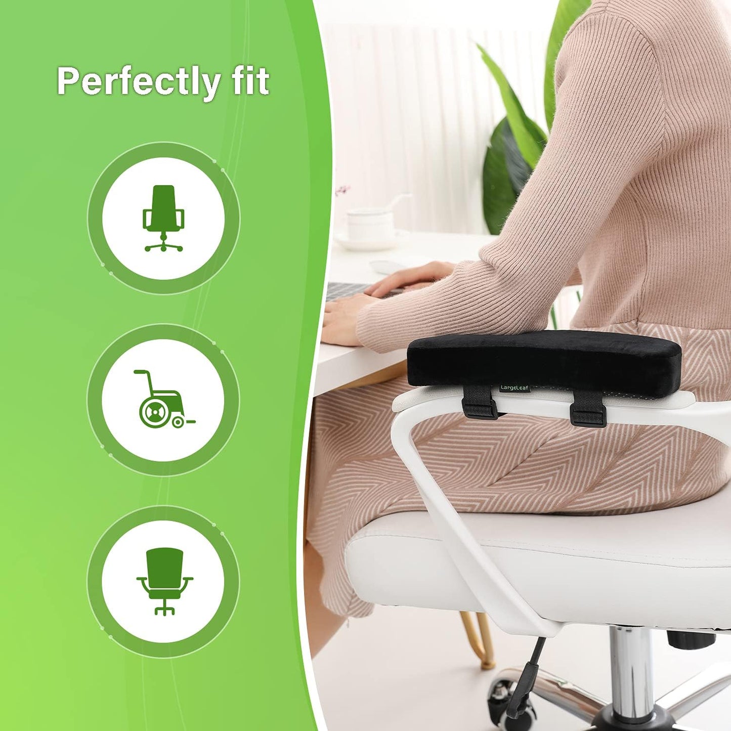 LargeLeaf Extra Thick 2 inches Chair with Memory Foam Armrest Pads 2-Piece Set (Black)