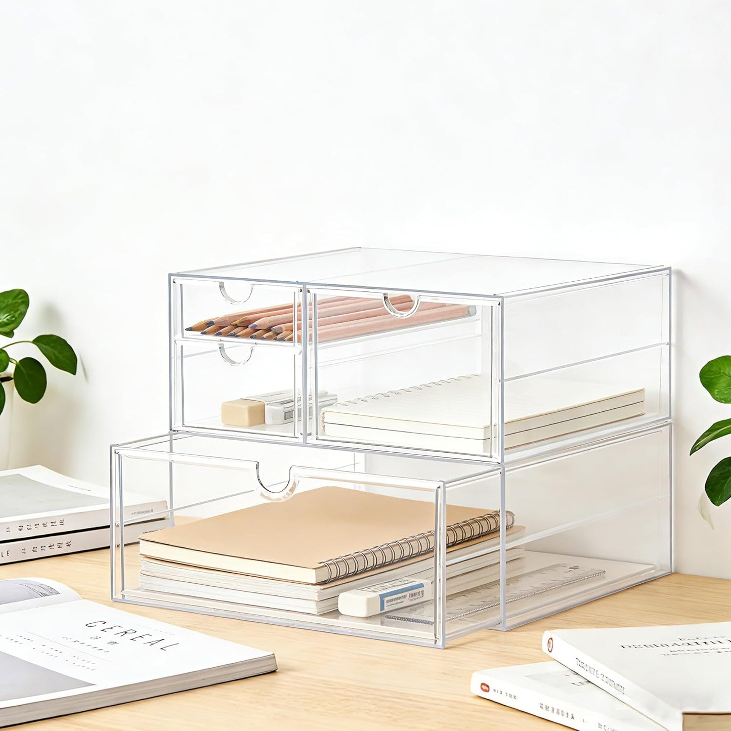 Prsildan Acrylic Drawer Makeup Organizer with 6 Drawers (Not for Baby Bottle), Set of 2 Office Desk Organizers Accessories, Clear Stackable Storage Drawers for Vanity, Craft (Largest Drawer 4" Tall)