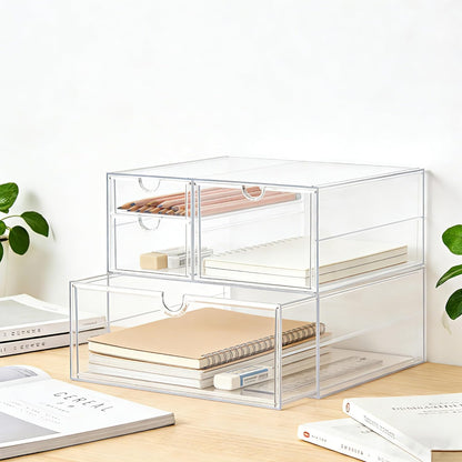 Prsildan Acrylic Drawer Makeup Organizer with 6 Drawers (Not for Baby Bottle), Set of 2 Office Desk Organizers Accessories, Clear Stackable Storage Drawers for Vanity, Craft (Largest Drawer 4" Tall)