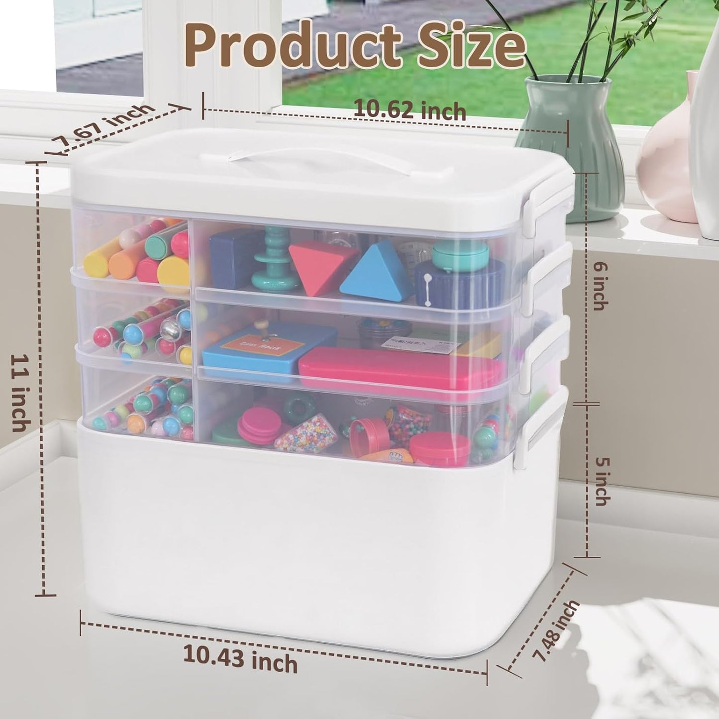 3-Layer Plastic Craft Organizers and Storage Box with Removable Trays, Storage Containers with lids and Handle, Art Supply Storage Organizer for Bead, Ornament, Nail Polish, Tape（10.62"x9"x7.67"）