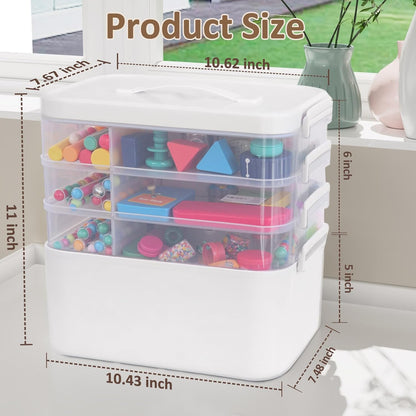3-Layer Plastic Craft Organizers and Storage Box with Removable Trays, Storage Containers with lids and Handle, Art Supply Storage Organizer for Bead, Ornament, Nail Polish, Tape（10.62"x9"x7.67"）