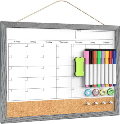 Calendar Whiteboard for Wall, TANKEE 17x13 Inches Whiteboard Calendar Cork Board Combo, Small Magnetic White Board with Wood Framed, Hanging Dry Erase Board for Kitchen Home Office School Planner