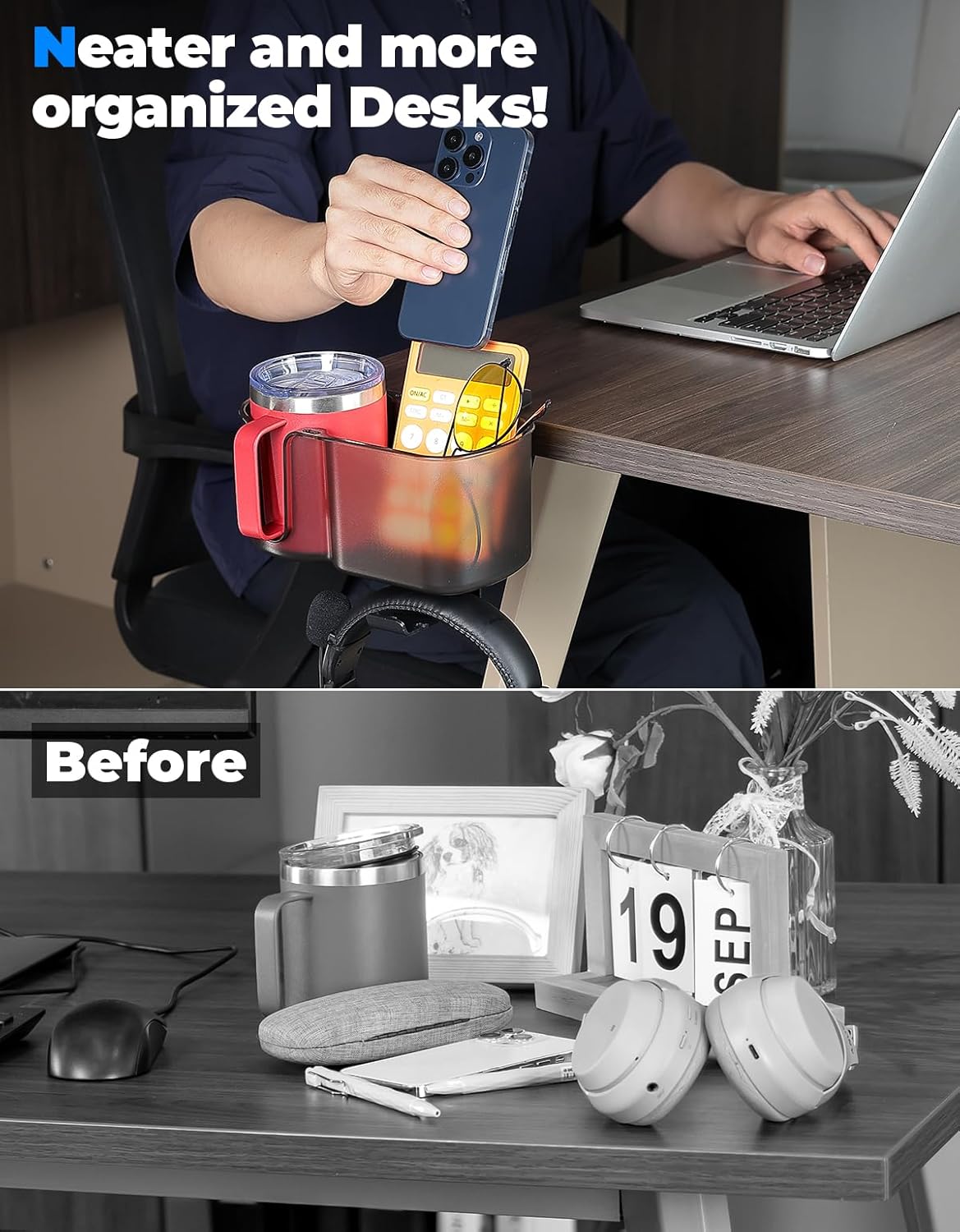 KEMIMOTO Desk Cup Holder with Headphone Hanger, 2 in 1 Caddy Organizer for Office Table, Lawn Chair, Golf Cart, Pontoon Boat, Fit for Most 18-32 oz Bottles (1)
