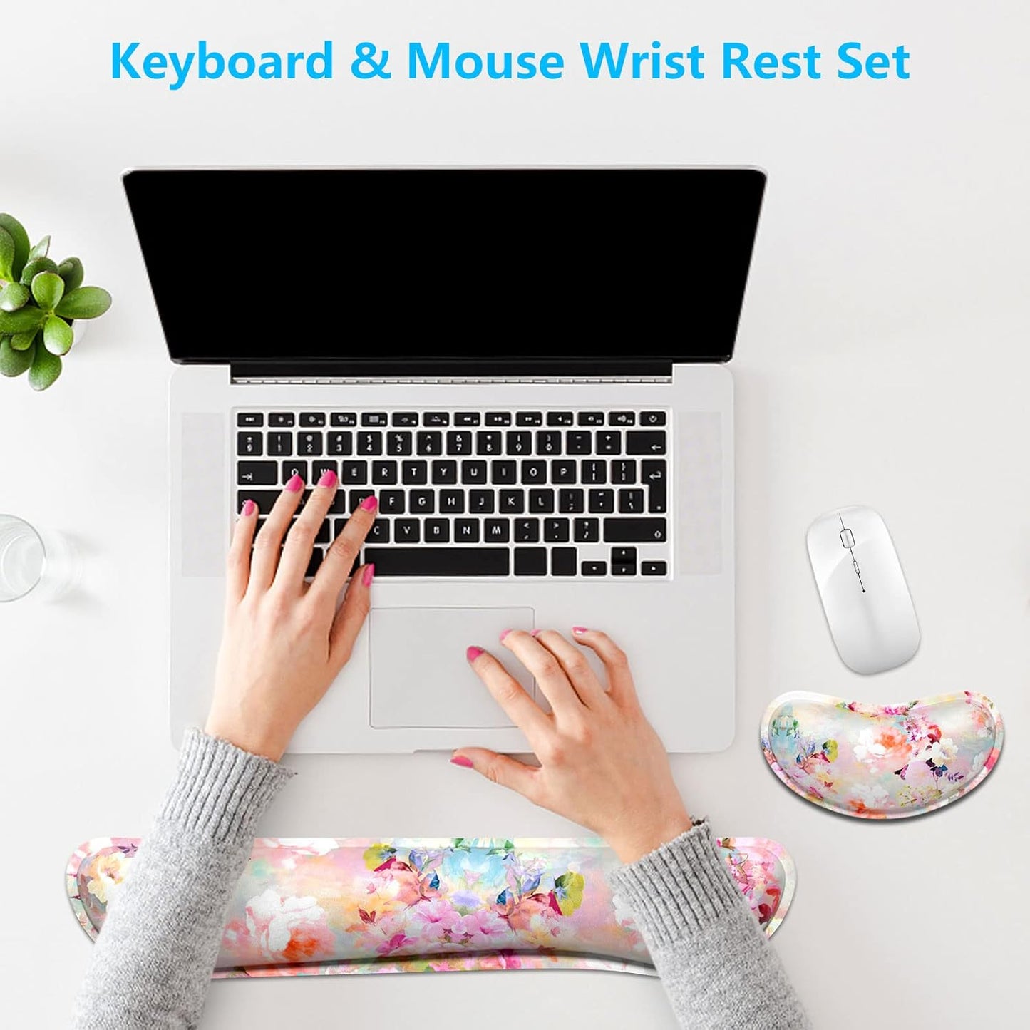 Dapesuom Enlarge Keyboard Wrist Rest, Memory Foam Wrist Cushion for Desk Mat Support, Cute Pain Relief Keyboard Mouse Pad Rests Set with Non-Slip Base for Gaming Laptop Office Computer, Elegant Flower