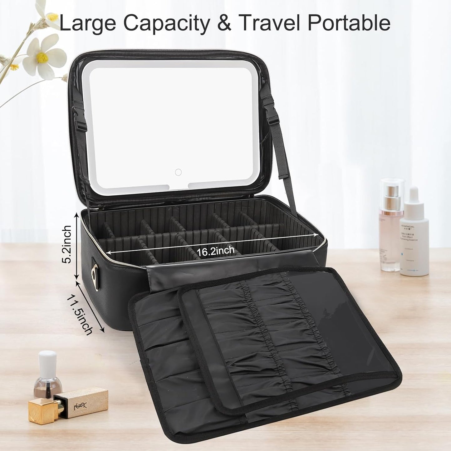 Relavel Makeup Case Large Makeup Bag Professional Train Case 16.5 inches Travel Cosmetic Organizer Brush Holder Waterproof Makeup Artist Storage Box, 3 Layer Large Capacity, with Adjustable Strap