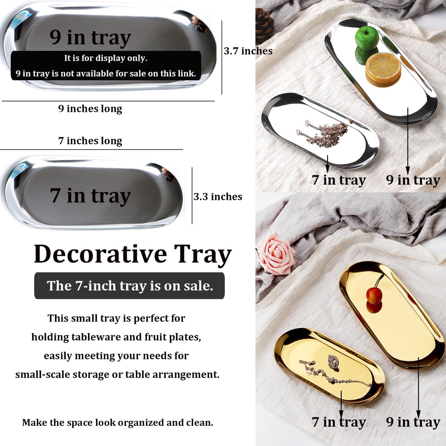 Stainless Steel Decorative Tray, Set of 2, 7 Inch Long, Jewelry Dish Cosmetics Organizer Bathroom Clutter Serving Platter Small Storage Tray, Oval, Matte Black