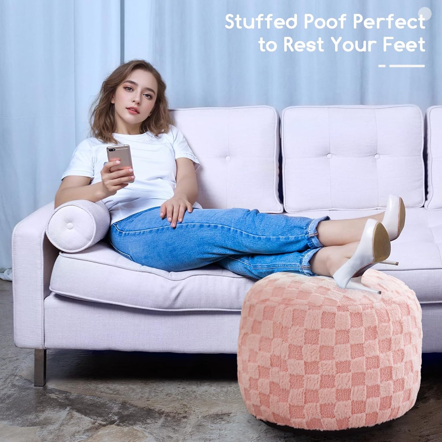 HIGOGOGO Round Stuffed Pouf Ottoman, Corduroy Poufs with Foam Chunk Filling, Furry and Fluffy Pouf Foot Stool Storage Ottoman, 20 X 15 Floor Poufs Foot Rest for Living Room, Dark Grey