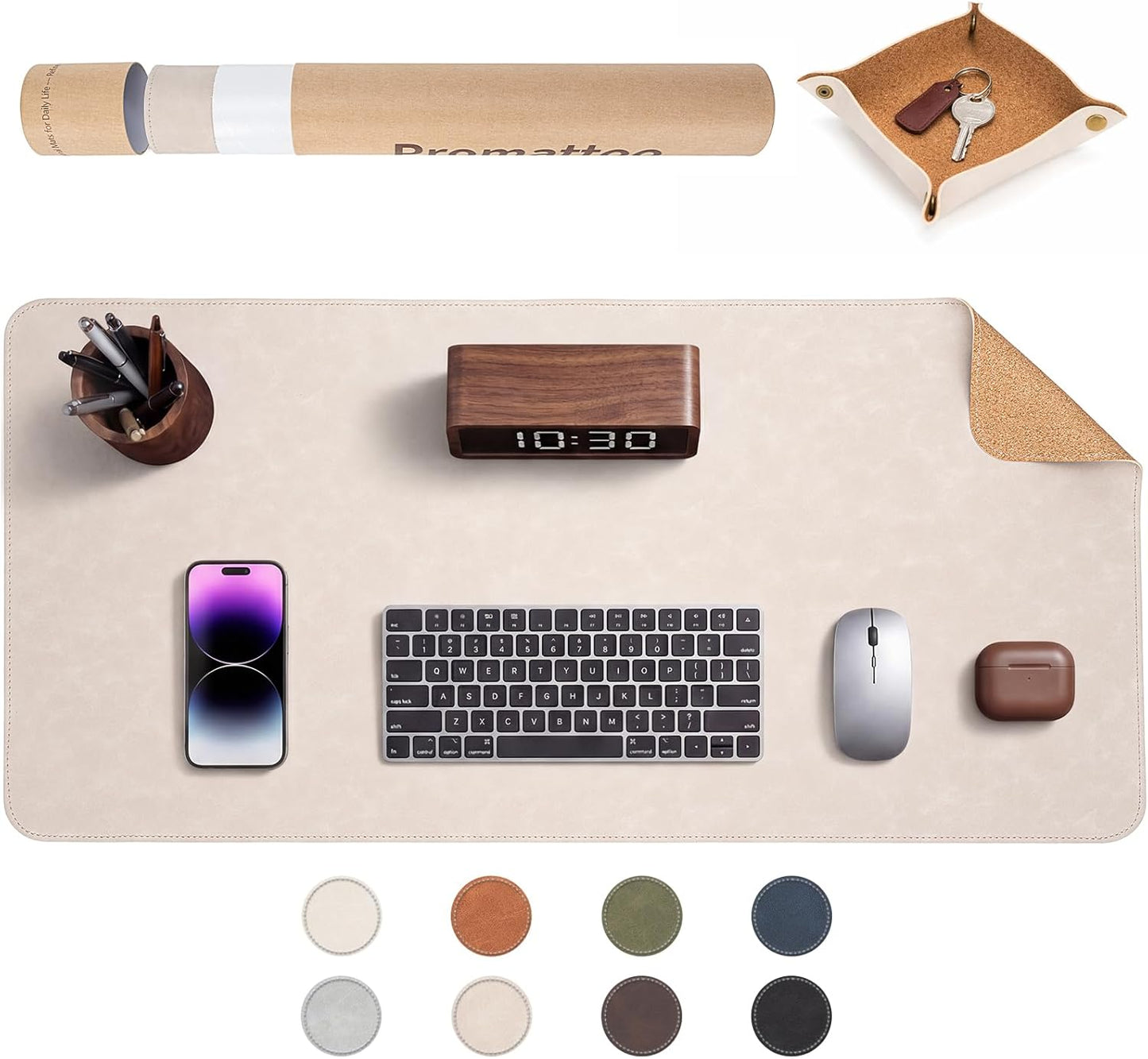 Premium Faux Leather Desk Mat & Tray Set，Innovative Cork-Look Printed Base，Gift Tube Packaging，Full-Desk Coverage，Non-Slip Desk Pad for Office Home（Olive Green）