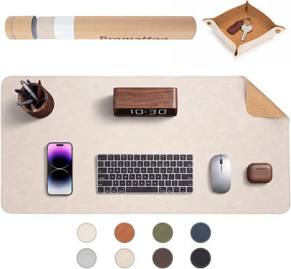 Premium Faux Leather Desk Mat & Tray Set，Innovative Cork-Look Printed Base，Gift Tube Packaging，Full-Desk Coverage，Non-Slip Desk Pad for Office Home（Olive Green）