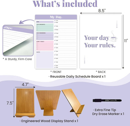 JJPRO Reusable Desktop Daily Planner with Stand,Reusable Time Schedule Board,11"x8.5" Hourly Schedule Dry Erase Board with Time Slots,Desk Hourly Dry Erase Board w/Engineered Wood Stand-Sage Green