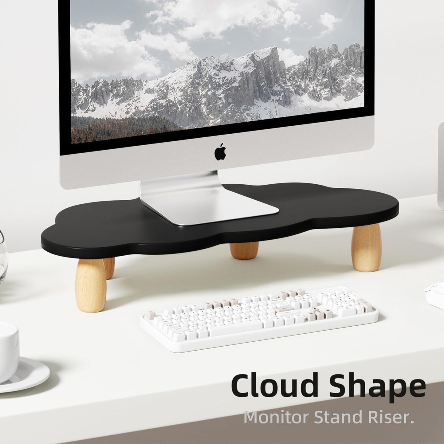 AFOOYO Monitor Stand Riser,Cloud-Shaped Sturdy Wood 16.5In Computer Monitor Riser Wirh Drawer, Multi-Purpose Desktop Organizer Riser for Computer,Laptop,Printer,TV,White