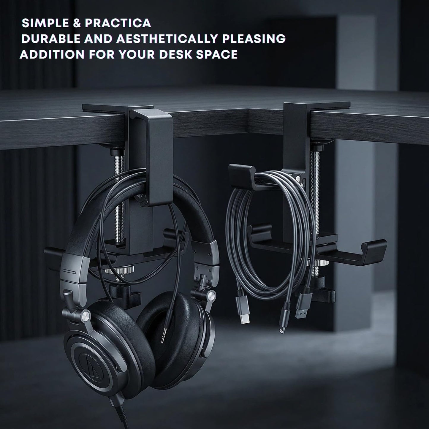 JAKO Headphone Stand for Desk, 3 Hooks Aluminum Alloy Headphone Holder (1 Foldable+2 Fixed) Space Saving Headset Stand Hook, Universal Fit PC Gaming Headsets Holder Desk Clamp for Office/Game Table
