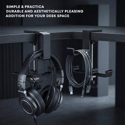 JAKO Headphone Stand for Desk, 3 Hooks Aluminum Alloy Headphone Holder (1 Foldable+2 Fixed) Space Saving Headset Stand Hook, Universal Fit PC Gaming Headsets Holder Desk Clamp for Office/Game Table
