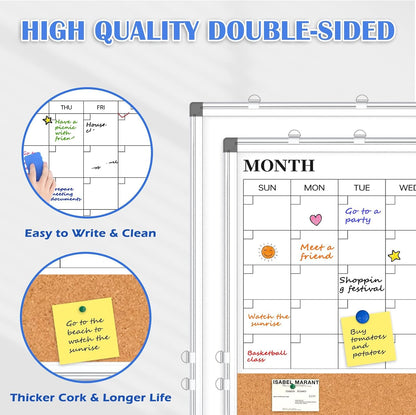 Weekly Dry Erase Calendar Whiteboard for Wall, 24" x 18" Double-Sided Weekly Planner White Board Cork Combo, Hanging & Wall Mount Week Bulletin Board with Notes for Home, Office, School, Kitchen
