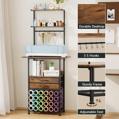 VENNQD Stand Compatible with Cricut Maker and Cricut Explore Air Series Craft Organizers and Storage with 2 Fabric Drawer and Shelves Crafting Table with Vinyl Roll Holder Workstation, White
