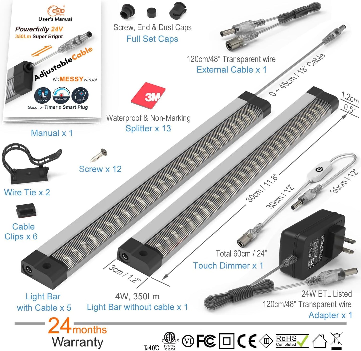 EBD LED Light Bar Built-in Adjustable Cable 12 Pcs Corner Input Under-Counter Light fixtures Work Bench linkable Touch Lights 3000K 5400 Lm Super Bright for Pantry Garage Shelves Closet Shelf
