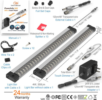 EBD LED Light Bar Built-in Adjustable Cable 12 Pcs Corner Input Under-Counter Light fixtures Work Bench linkable Touch Lights 3000K 5400 Lm Super Bright for Pantry Garage Shelves Closet Shelf